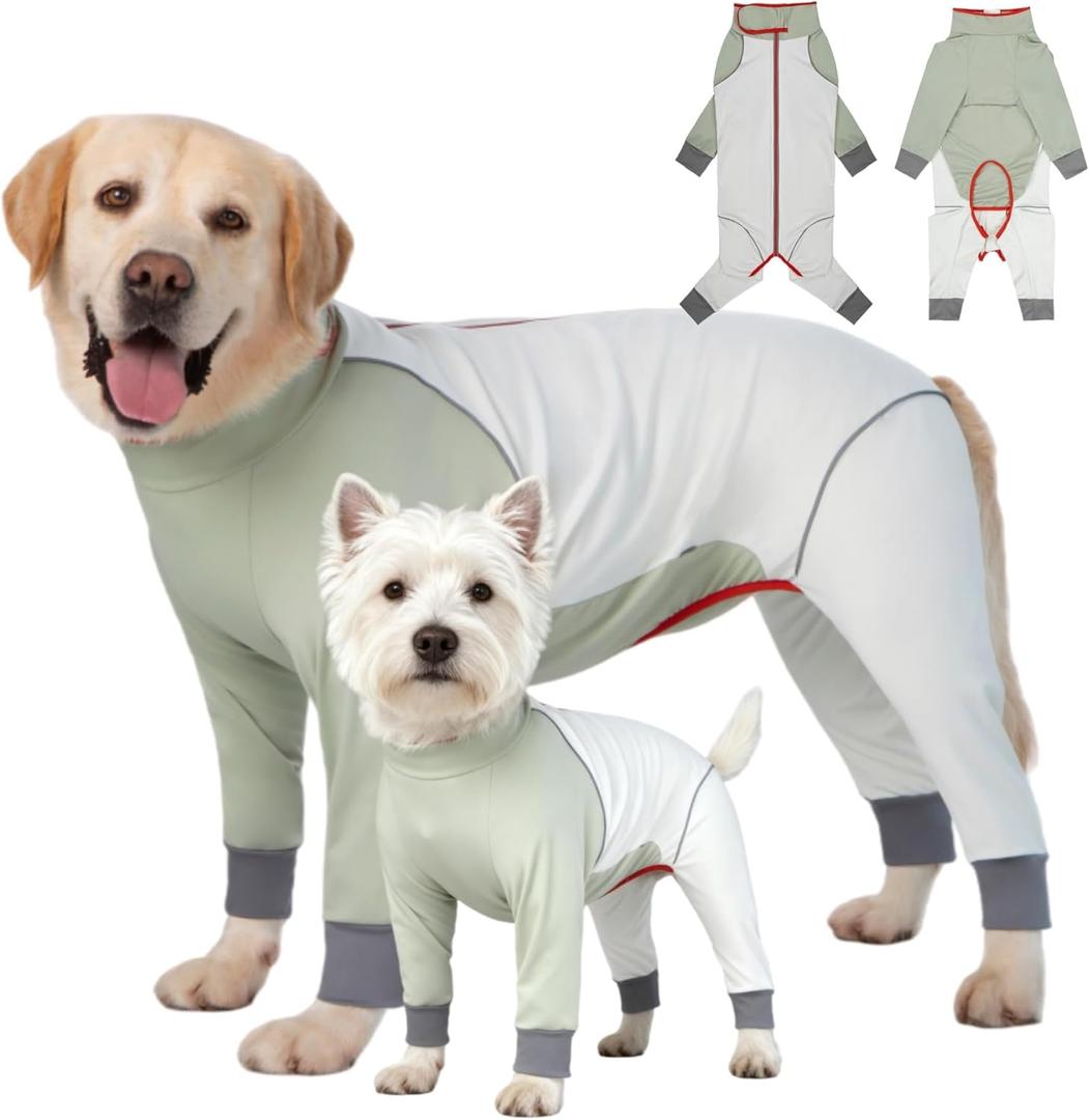 Dog Onesie Coat - Water-Repellent & Stretchable, Dirt-Resistant Outdoor Puppy Suit with Reflective Strips | Controls Shedding | for Dogs (Beige, 2XL(Weight 23-33 lbs))