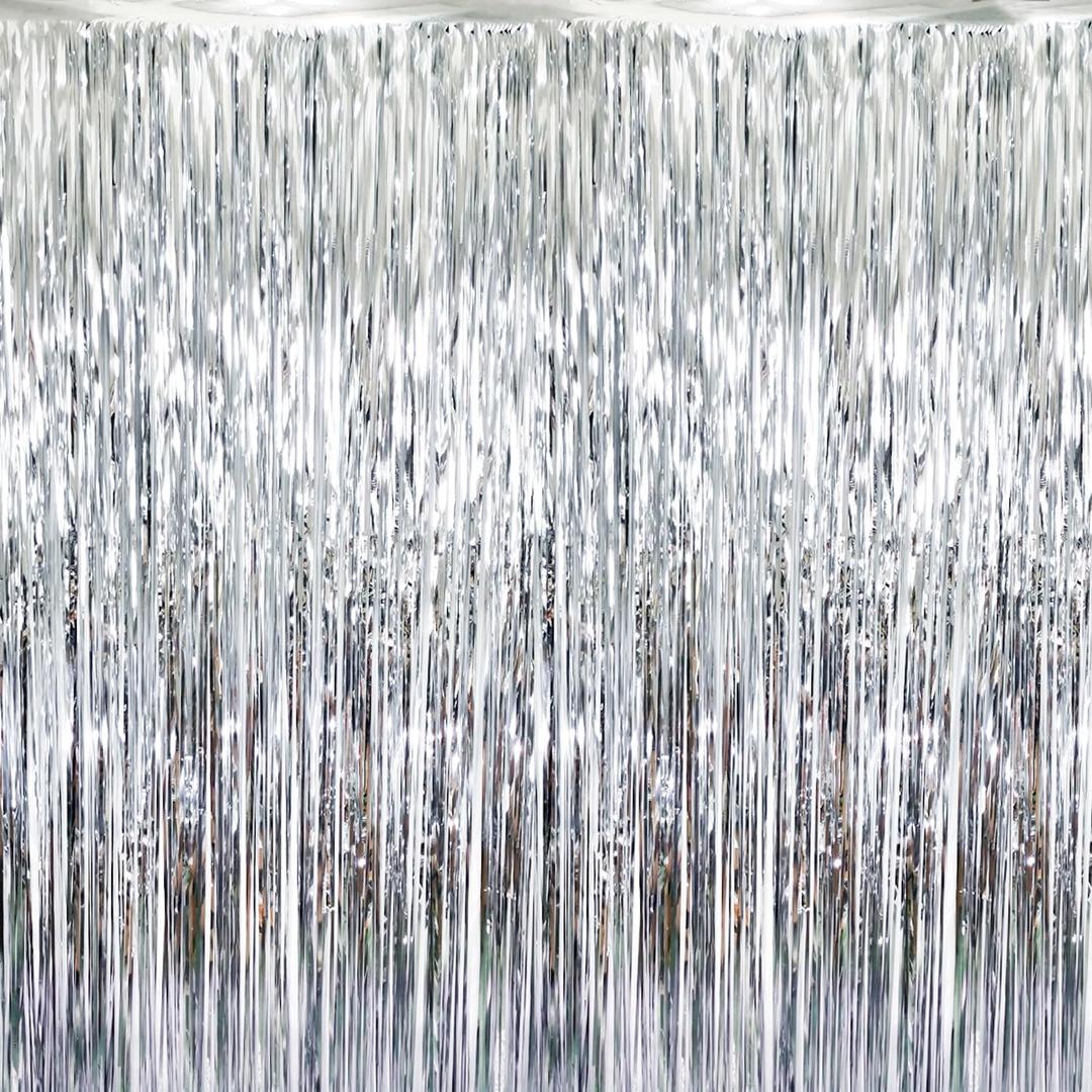 GOER 3.2 ft x 8.2 ft Metallic Tinsel Foil Fringe Curtains Party Photo Backdrop Party Streamers for Birthday,Graduation,New Year Eve Decorations Wedding Decor (Silver,5 pcs)