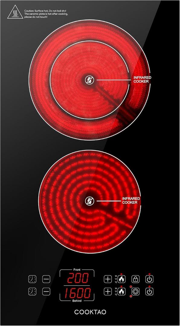 Dual Heating Coil Design of 2 Burner Electric Cooktop, 1800W Commercial Ceramic Infrared Cooking Hot Plate, Portable Countertop or Built-in Radiant Stove Top Cooker with WATT and TEMP Control