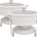 6QT Round Chafing Dish Set of 2, White Granite Finish Stainless Steel with Transparent Lids Elegant Buffet Servers & Warmers, Stackable Storage | Wedding, Catering, Party