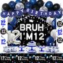 12th Birthday Decorations for Boys & Girls, 54 PCS Blue Black Party Decorations, 12 Year Old Boy Birthday Party Supplie with Banner Backdrop, Hanging Swirls, Tablecloth, Bruh I'm 12 Party Supplies