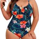 Plus Size Swimsuit for Women Tummy Control One Piece Bathing Suit Vintage Swimwear Flower Print 2XL