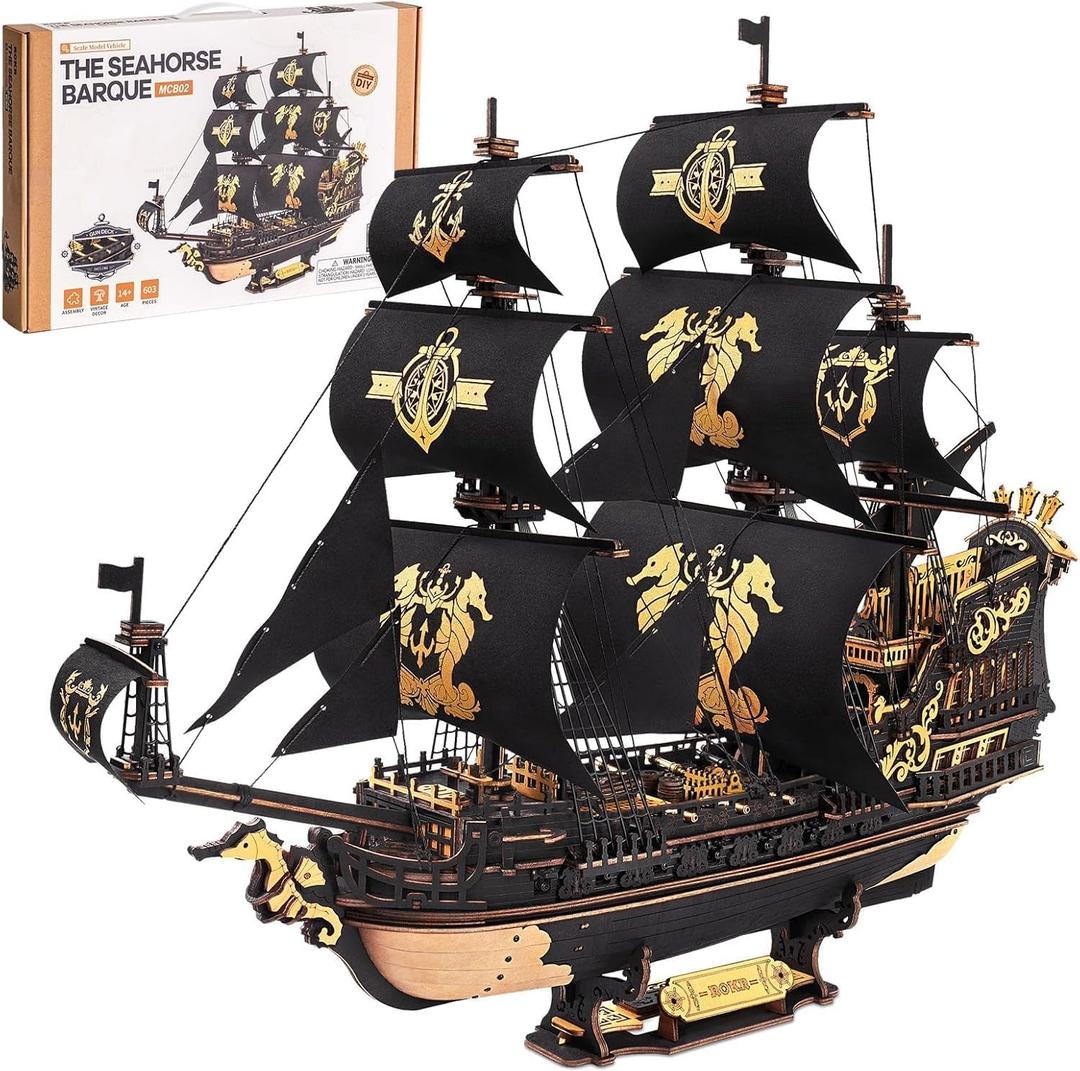 ROBOTIME Seahorse 3D Wooden Puzzles for Adults, Black Sailboat Model Kits for Boys and Men, Home Office Decor Gifts Pirate Ship Building (603 Pcs), Large