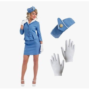 fun shack Flight Attendant Costume Women Blue, Retro Airline Stewardess Outfit with Hat & Gloves, M
