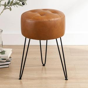 LUE BONA Faux Leather Vanity Stool Chair for Makeup Room,Brown Stool for Vanity,19 Height, Tufted Small Vanity Chair with Metal Legs, Modern Foot Ottoman for Bedroom, Living Room