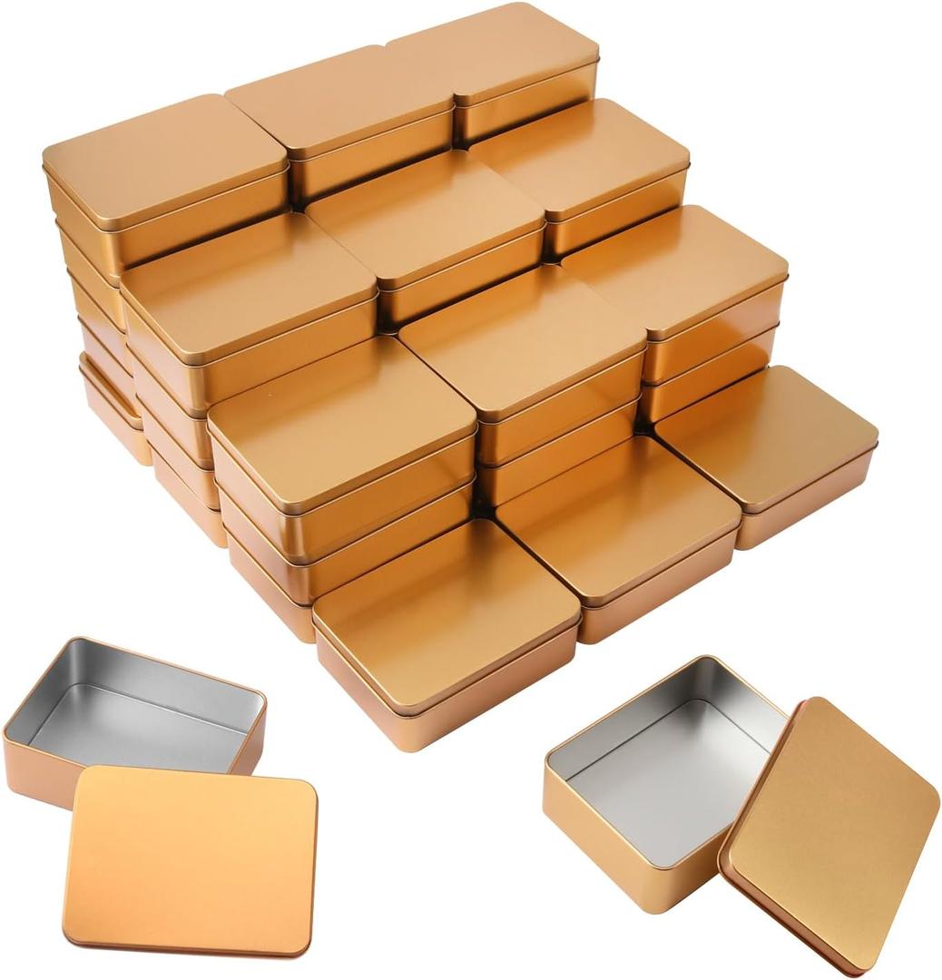 40 Pack Golden Rectangular Metal Tin Boxes with Lids, 4.9" L x 3.6" W x 1.6" H Durable Metal Storage Organizer Tins for Candy, Treats, Gifts, Crafts & More