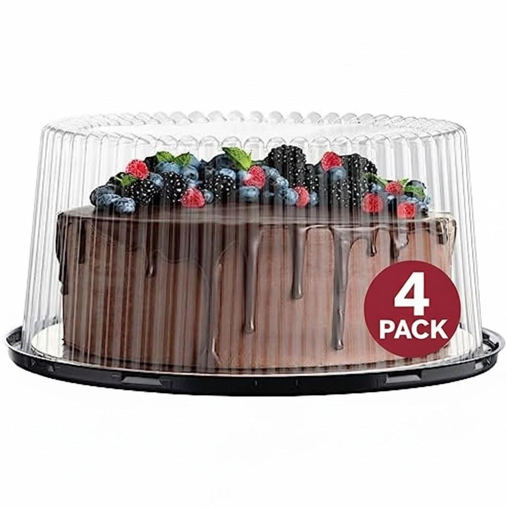 10 - 11" Plastic Disposable Cake Containers Carriers With Dome Lids And Cake Boards [4 Pack] And Cake Server | Round Bundt Cake Boxes / Cover | 2-3 Layer Cake Holder Display Containers For Transport
