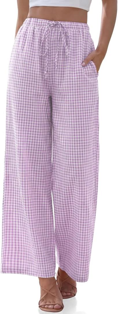 TARSE Womens Linen Striped Gingham Wide Leg Pants Palazzo Drawstring Lounge Pajama Pants Cute Casual Trousers with Pockets (XL)
