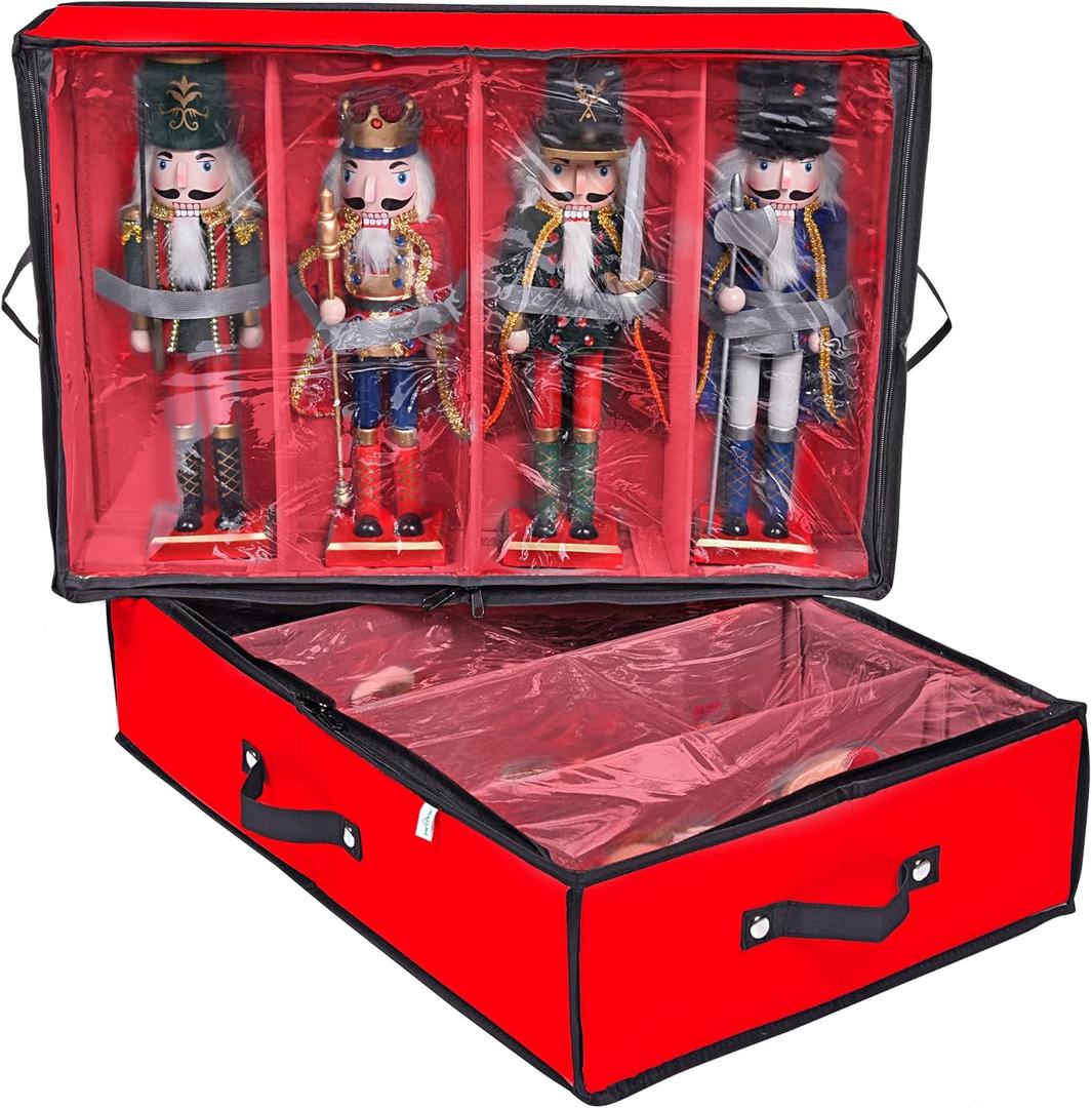 ProPik 2 Pack Christmas Figures Storage Box | Each Holds 4 Holiday Figurines up to 16 | Adjustable Nutcracker Decor Ornament Storage Container | Xmas Decorations Accessories Boxes (Red)