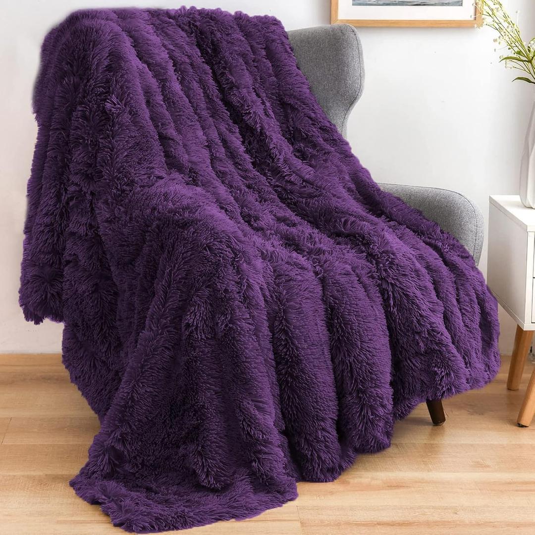 GONAAP Fuzzy Faux Fur Throw Blanket Twin Size Purple Super Soft Cozy Plush Fuzzy Shaggy Blanket for Couch Sofa Bed (Purple, Twin(60"x80"))