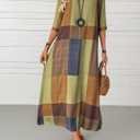 Women's Vintage Geometric Print Maxi Dress Color Block Plaid Design Crew Neck 3/4 Sleeve Loose Fit Long Dresses (Medium)