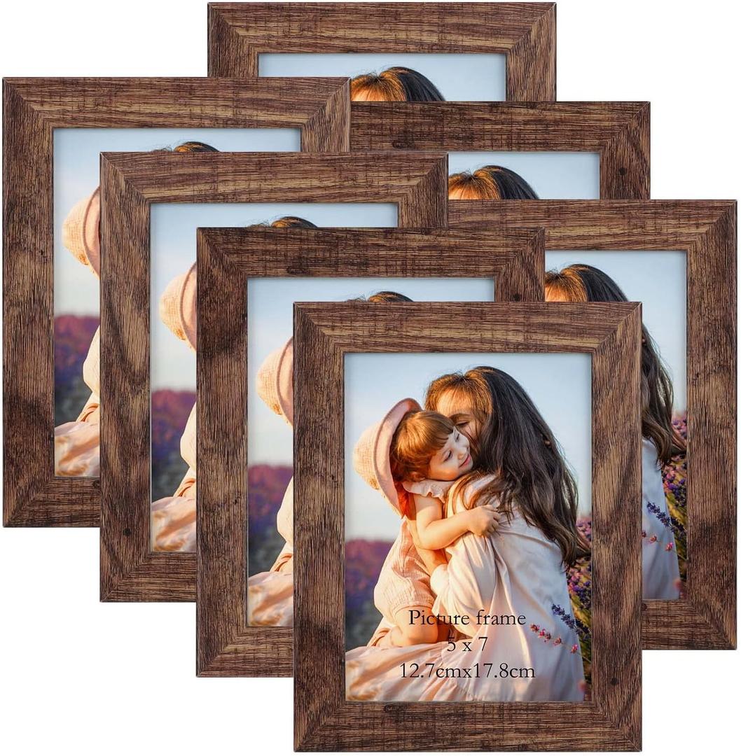PETAFLOP 5x7 Picture Frame Set of 7, Rustic Frames Display 5 by 7 Inch Photo for Wall or Tabletop (Distressed Brown)