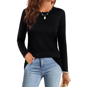Elesomo Womens Tops Short/Long Sleeve T-Shirts Fitted Crewneck Tee (Medium, A1: Black)