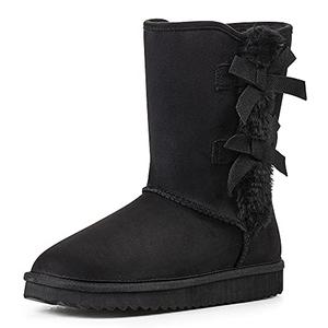KRABOR Womens Suede Snow Boots Mid-Calf Winter Shoes with Side Bows Black Size 6