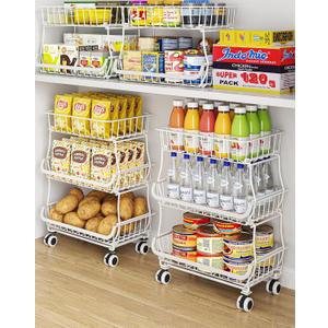 3-Tier Rolling Pantry Floor Organizer and Storage Cart with Wheels, Stackable Wire Pantry Baskets for Pantry Shelves, Kitchen Storage Rack and Fruit Basket Stand for Fruit Snack Onion Potato