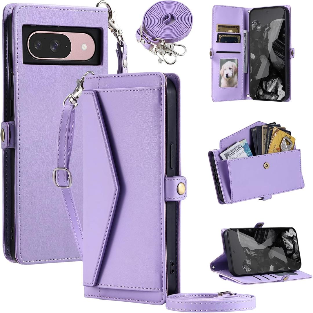 Wallet Case for Google Pixel 10/10 Pro with Wrist Strap Shoulder Strap Card Holder Shockproof Soft PU Leather Magnetic Snap Pocket Stand Accessories Phone Cover Pixel 9 9Pro Nine Women Purple