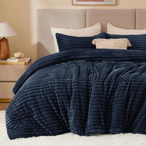 BEDELITE Fleece King Comforter Set Super Soft & Warm Fluffy Navy Blue Bedding, Luxury Fuzzy Heavy Bed Set for Winter with 2 Pillow Cases