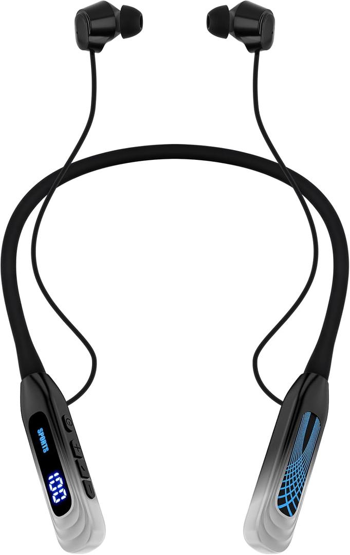 Neckband Bluetooth Headphones, 1000H Extra Battery Life with Display Magnetic Earphones,Wireless Stereo Earbuds with Microphone, Waterproof in-Ear Headset for Sports/Workout/Office (Silver)