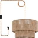 18” Plug in Pendant Light, Hanging Light Fixture with Hemp Rope Lampsahde, Handwoven 2 Tier Drum Boho Plug in Chandelier for Dinning Room, Bedroom and Living Room
