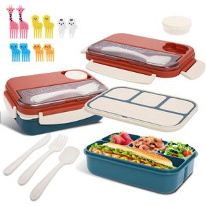 2 x Bento box adult work lunch box, adult container, with 4 compartments, lunch container with cutlery ( knife, fork, spoon, sauce box), animal fruit fork, microwave and dishwasher safe, Orange Blue