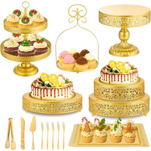 Wenqik 15 Pcs Gold Cake Stand Set Metal Dessert Display Set Tiered Cupcake Holder Square Serving Trays Round Tower Tray Platter for Wedding Birthday Party Celebration (Classic Style)