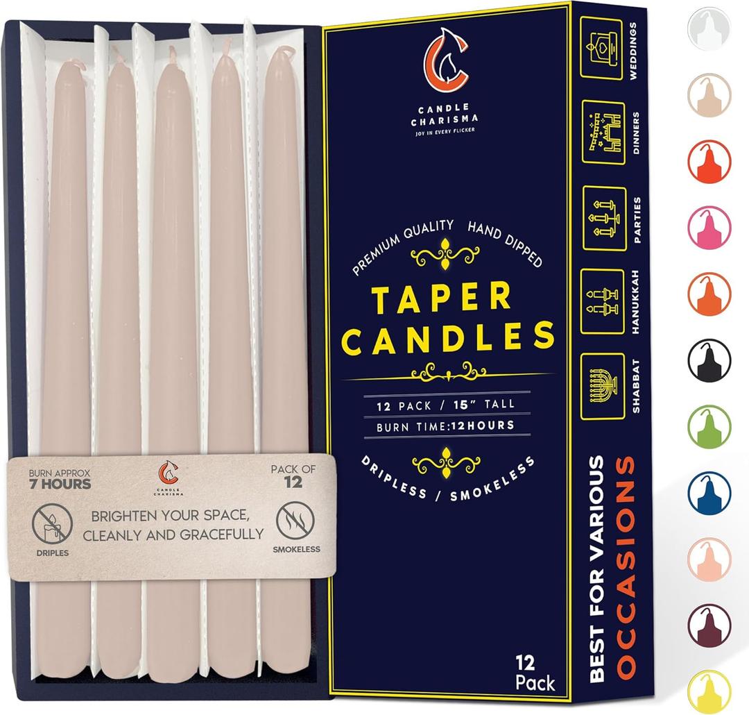 Ivory Cream 15 Inch Taper Candles - Pack of 12 Premium Unscented, Dripless & Smokeless Hand-Dipped Candles for Birthday, Wedding or Dinner Decorations and Formal Candlelighting
