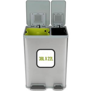 60 Liter / 16 Gallon Rectangular Hands-Free Dual Compartment Recycling Kitchen Step Trash Can with Soft-Close Lid, Brushed Stainless Steel (38L x 22L Capacity)