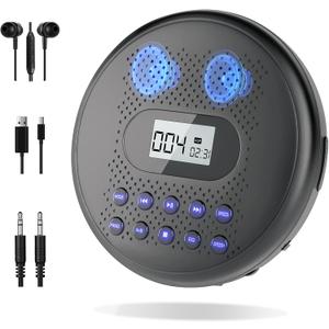 ARAFUNA Portable CD Player with Dual Stereo Speakers, Rechargeable CD Player for Car with Anti-Skip Protection, Headphones and AUX Cable Backlight Buttons