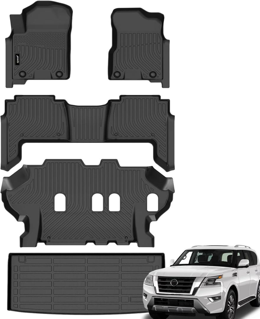 Jenofa-Floor Mats for Nissan Armada Infiniti QX80 2019-2024 8-Seater Cargo Mat Car Mats for Armada All Weather Floor Liners Custom Fit QX80 Bench Accessories Black Waterproof Protection Full Set