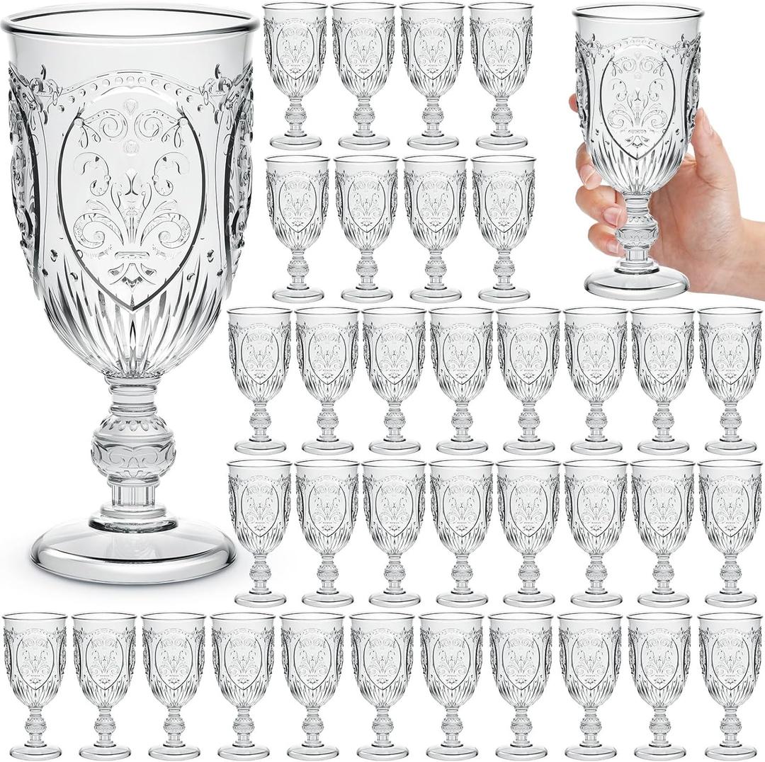 36 Pack Plastic Goblets 10oz Upgrade Vintage Water Goblet Plastic Wine Glasses Colored Retro Embossed Glassware for Party Wine Bar Juice Baby Shower Wedding Reception Grand (Clear)