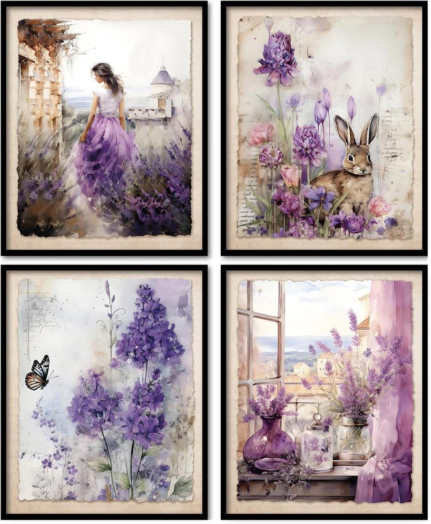 KDHTY Purple Room Decor Lavender Wall Art,Vintage Purple Room Decor Bathroom Wall Art for women,Retro Lavender Flower Wall Decor Decorations for Bathroom Kitchen Living Room,8x10 Unframed,set of 4
