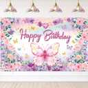Butterfly Birthday Banner Backdrop Pink Purple Happy Birthday Girl Baby Shower Fairy Spring Party Background Butterfly Decorations 5.9 x 3.6ft