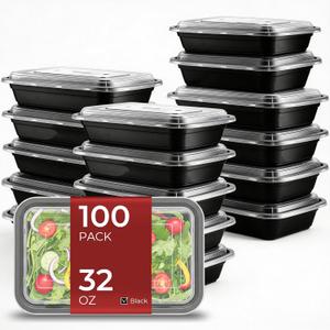 100 Pack (200-Piece) 32 oz Meal Prep Containers with Lids Reusable Food Storage Containers Sturdy Leakproof To Go Plastic Takeout Containers for Microwave, Freezer, Dishwasher Safe, 32oz/100pcs