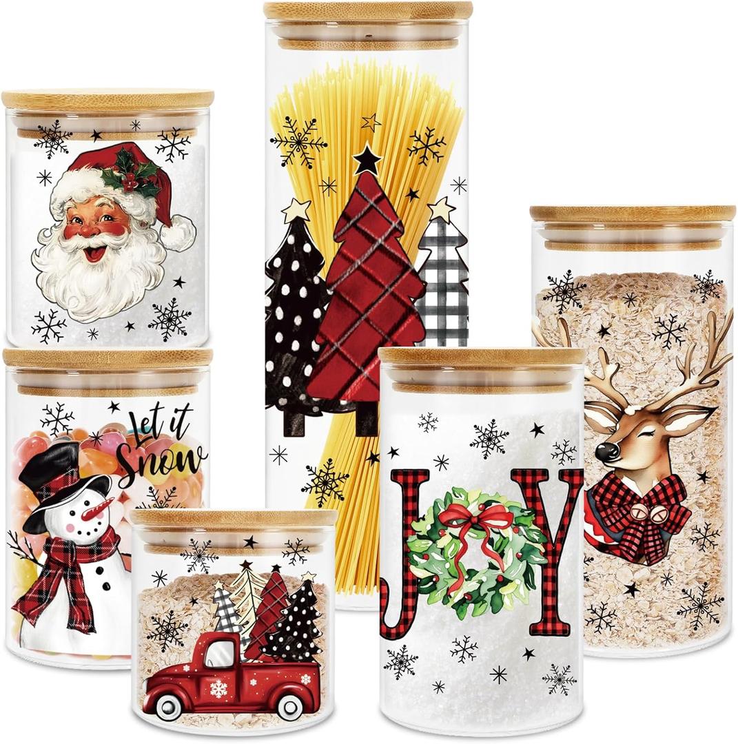 Whaline 6Pcs Christmas Glass Storage Jar with Airtight Lid Red Black Plaid Xmas Tree Santa Snowman Reindeer Decorative Canisters Sets for Home Kitchen Countertop