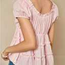 Women's Y2k Puff Sleeve Tiered Ruffle Tops Babydoll Tie Front V Neck Cute Blouses Going Out Outfits (Pink, S)