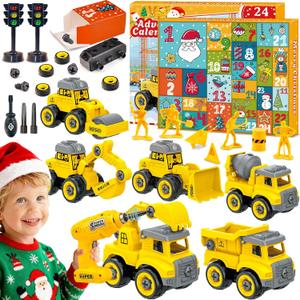 Advent Calendar 2025 for Boys, 24 Days Christmas Countdown 6PCS Take Apart Construction Car Toys with Electric Drill DIY Assembly Building STEM Toys Engineering Vehicle Christmas Gifts Advent Calendar for Kids
