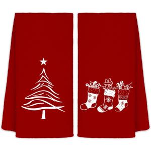 Red Kitchen Towels Set of 2, Stocking Tree Decorative Hand Towels for Bathroom, Christmas Dish Towels for Kitchen, Christmas Kitchen Bathroom Decor, 16x24 Inches