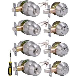 (4 Sets) All Keyed Same Entry Door Knob and Single Cylinder Deadbolt Combo Set, Satin Nickel Exterior Door Knobs with Lock and Keys for Entrance and Front Door (4 Pack, Keyed Deadbolt Lockset-Keyed Alike)