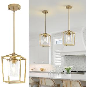 2 Pack Gold Pendant Lights Kitchen Island, Modern Farmhouse Kitchen Pendant Light Fixtures, Metal Cage Island Lights with Clear Glass Shade for Kitchen, Entryway, Dining Room, Hallway