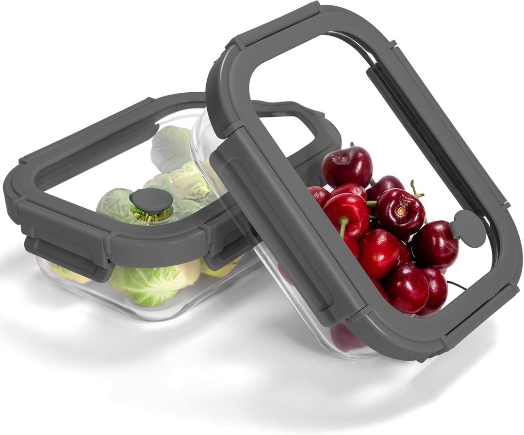2-Pack Glass Food Storage Containers with Tempered Lids (630ml/2.7cup) - Airtight Snap Lock, Microwave & Oven Safe (-4~ 950F), Freezer to Baking Dish, BPA-Free, Gift Box (Gray)