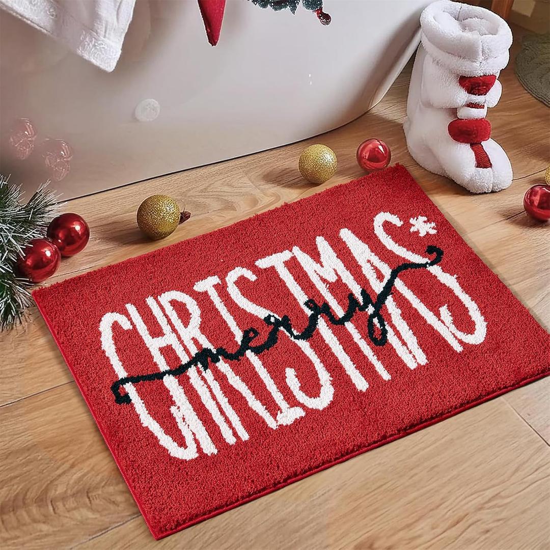 Red Merry Christmas Bath Mat for Bathroom Decorations 16W x 24L Winter Snowflake Cute Seasonal Xmas Bathroom Mat Non Slip Washable Microfiber Shaggy Absorbent Christmas Bath Rug
