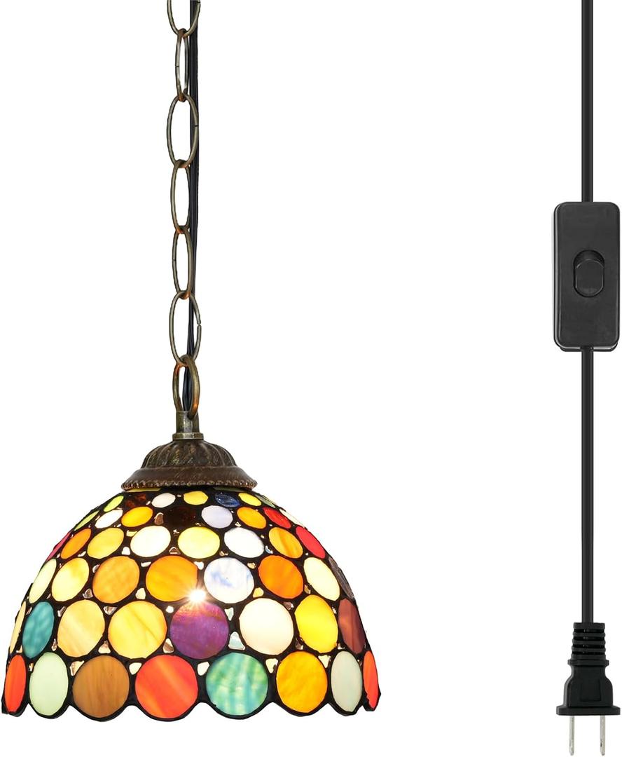 Tiffany Pendant Light Fixtures Plug in Hanging Lamp Multicolored Stained Glass Kitchen Island Light for Home Decor Dining Living Room Study Hallway