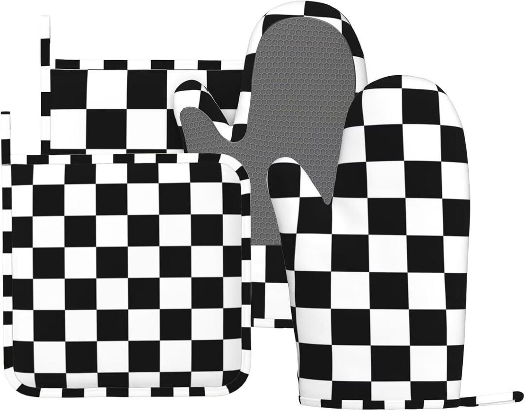 Black White Check Plaid Oven Mitts Pot Holders Set Silicone Kitchen Gloves Black and White Checkered Plaid Potholders Non-Slip Heat Resistant for Chef Baking Cooking 4 pcs Kitchen Mitts