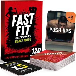 Fast Fit Beast Mode Workout Cards — 120 Tear Resistant HIIT Fitness Deck; Full Body Training Exercises for Strength, Cardio, and Endurance; No Equipment Needed; Portable Fitness Gift Game for Athletes
