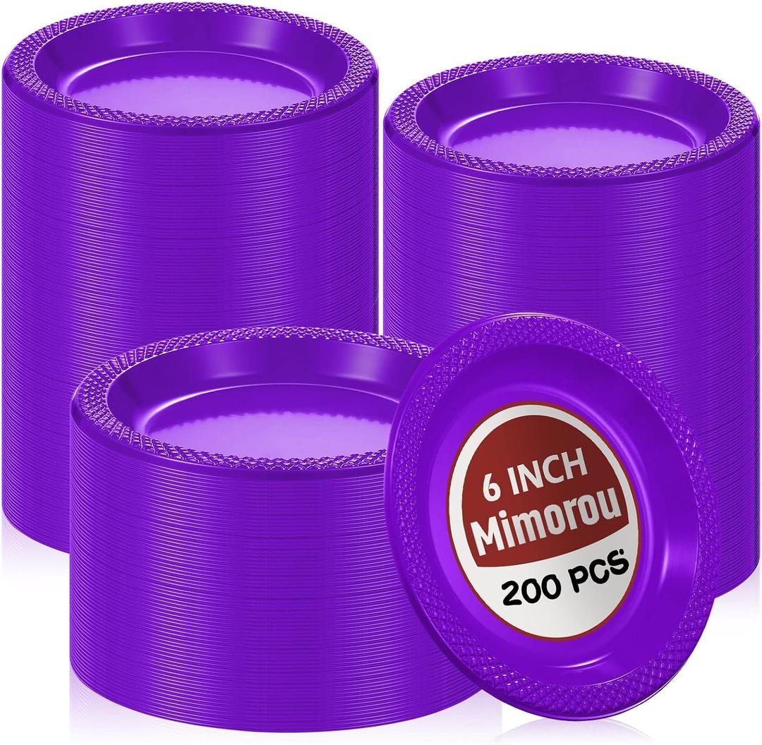 Mimorou 200 Pcs Plastic Dessert Plates 6 Inch Disposable Round Dinner Cake Plates Bulk for Wedding Birthday Picnic Salad Appetizer Party Supplies(Purple)
