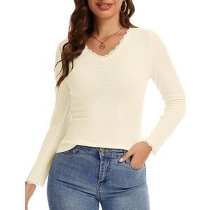 Womens Long Sleeve Lace T-Shirts V Neck Layering Basic Shirts Tops Slim Fit Stretch Undershirts Tee 2025 (Beige, M)