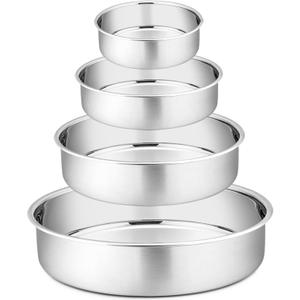 P&P CHEF Cake Pans Sets for Baking, 4" + 6" + 8" + 9.5" 4 Piece Stainless Steel Round Cake Pans Tin, Oven/Pot/Dishwasher Safe, Combination of Different Sizes, Leak-proof & Easy Clean