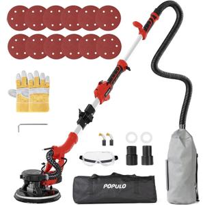 POPULO Drywall Sander, 810W 7A Electric Drywall Sander with Vacuum Attachment, Variable Speed 900-1,800RPM Power Wall Sander with 12 Pcs Sanding discs, LED Light, Dust Hose, and Extension Handle