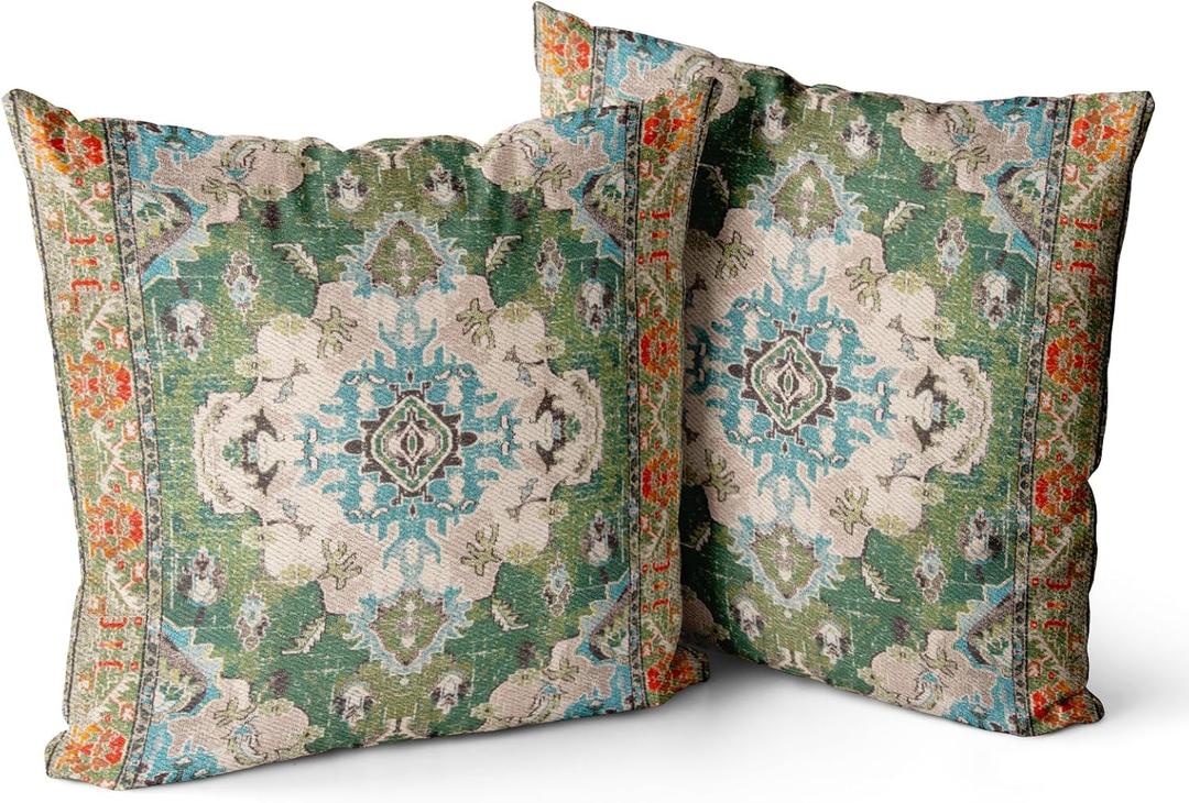 Boho Throw Pillow Covers 18x18 inch Set of 2 Boho Rug Carpet Double Sided Pattern Cotton Soft Pillow Case Cushion Cover Pillowcase for Couch Sofa Bed Decorative (Green)