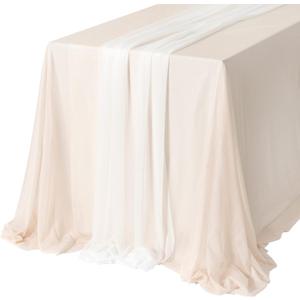 Ling's Moment Sheer Chiffon Table Cloth & Runner Set for 4ft Rectangle Table Decor Tablecloth in Nude & White for Wedding Reception Head/Sweetheart Desk (9ft x 10ft)